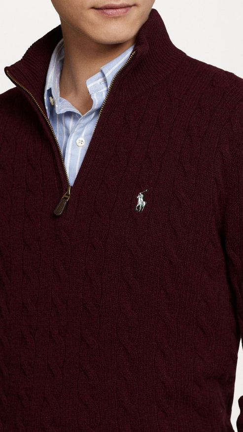 RL-IMPORTED SINGLE PONY CABLE KNIT SWEATER (MAROON)