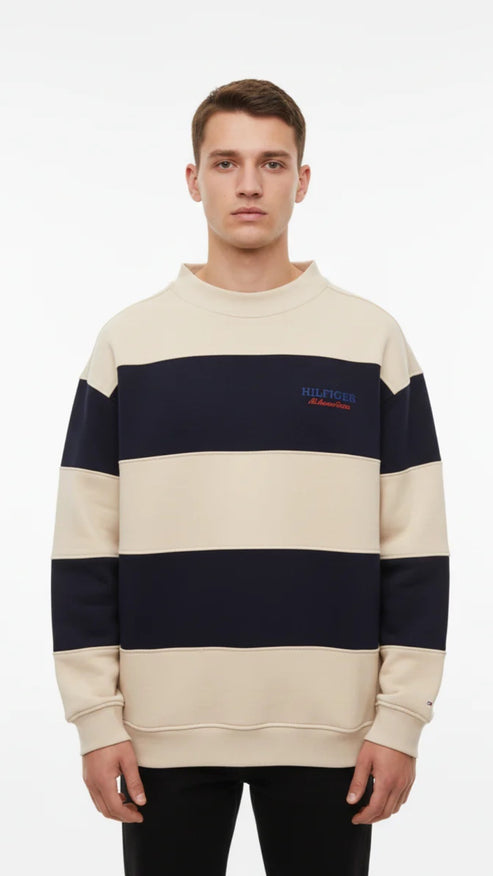 TH PREMIUM HILFIGER COTTON FLEECE PANELED SWEATSHIRT (STONE & NAVY)
