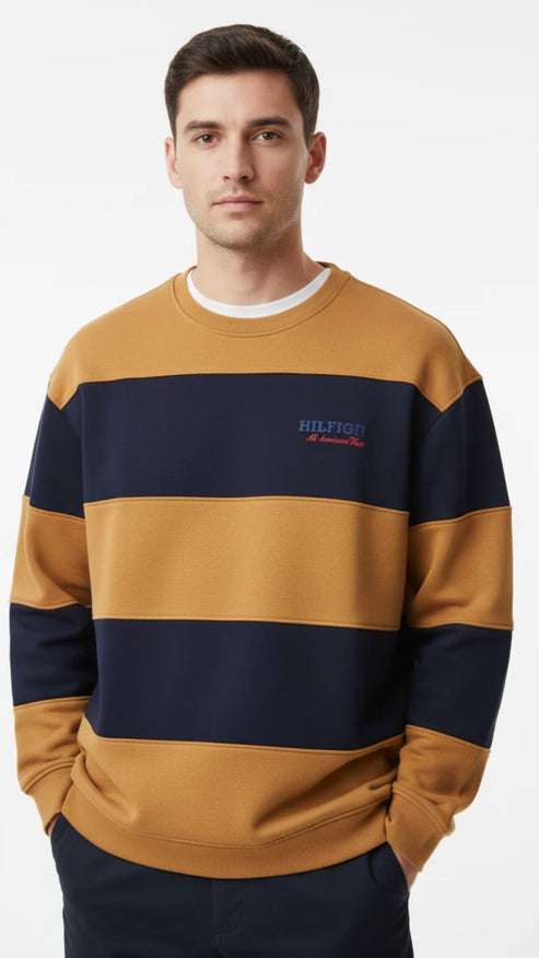 TH PREMIUM HILFIGER COTTON FLEECE PANELED SWEATSHIRT (CAMEL & NAVY)