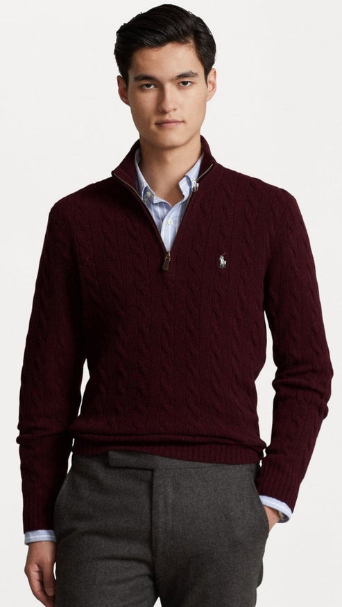RL-IMPORTED SINGLE PONY CABLE KNIT SWEATER (MAROON)