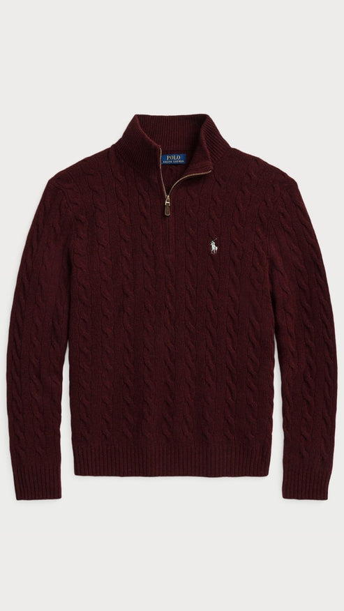 RL-IMPORTED SINGLE PONY CABLE KNIT SWEATER (MAROON)