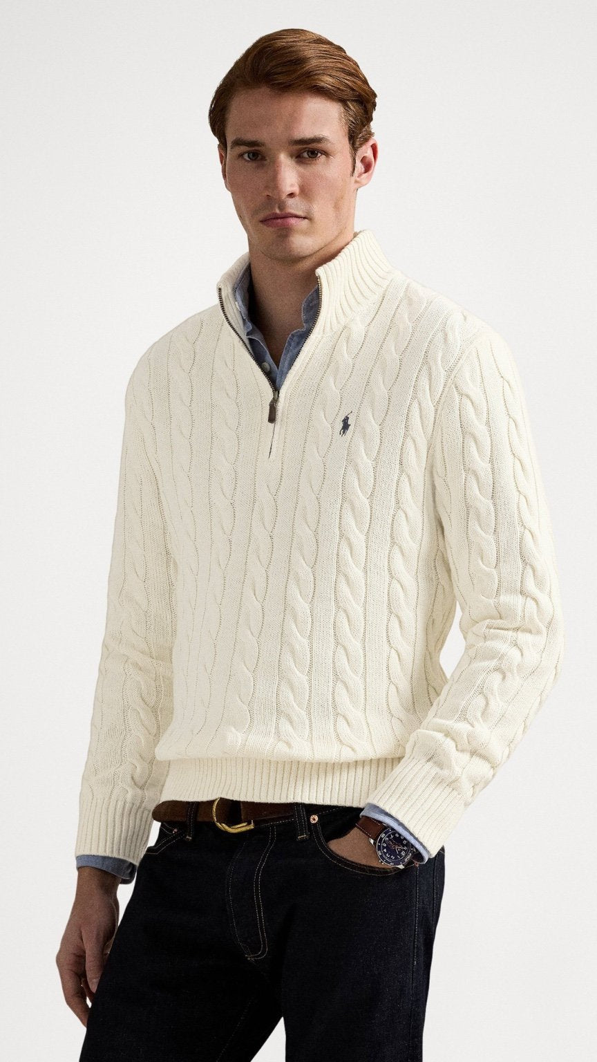 RL-IMPORTED SINGLE PONY CABLE KNIT SWEATER (OFF-WHITE)